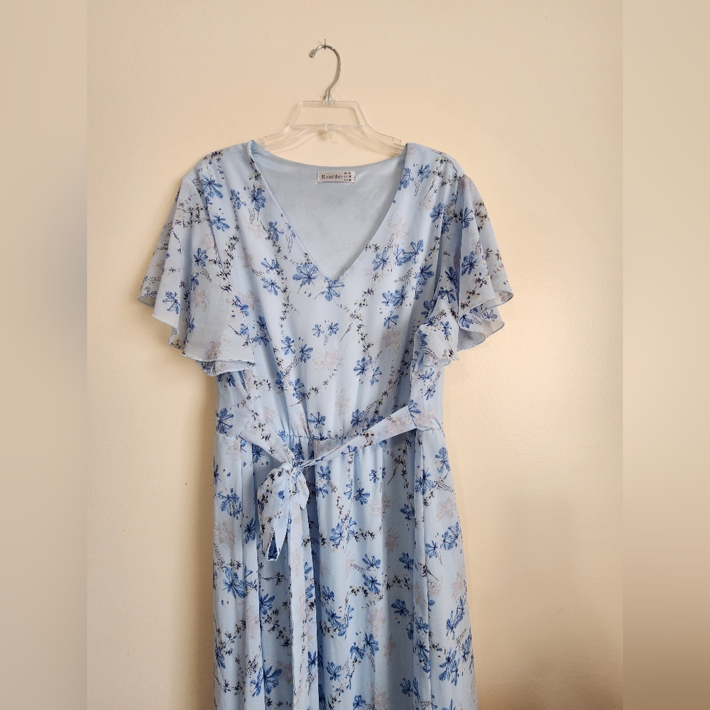 Floral Blue Dress with Ruffle Sleeves - Picture 3 of 5